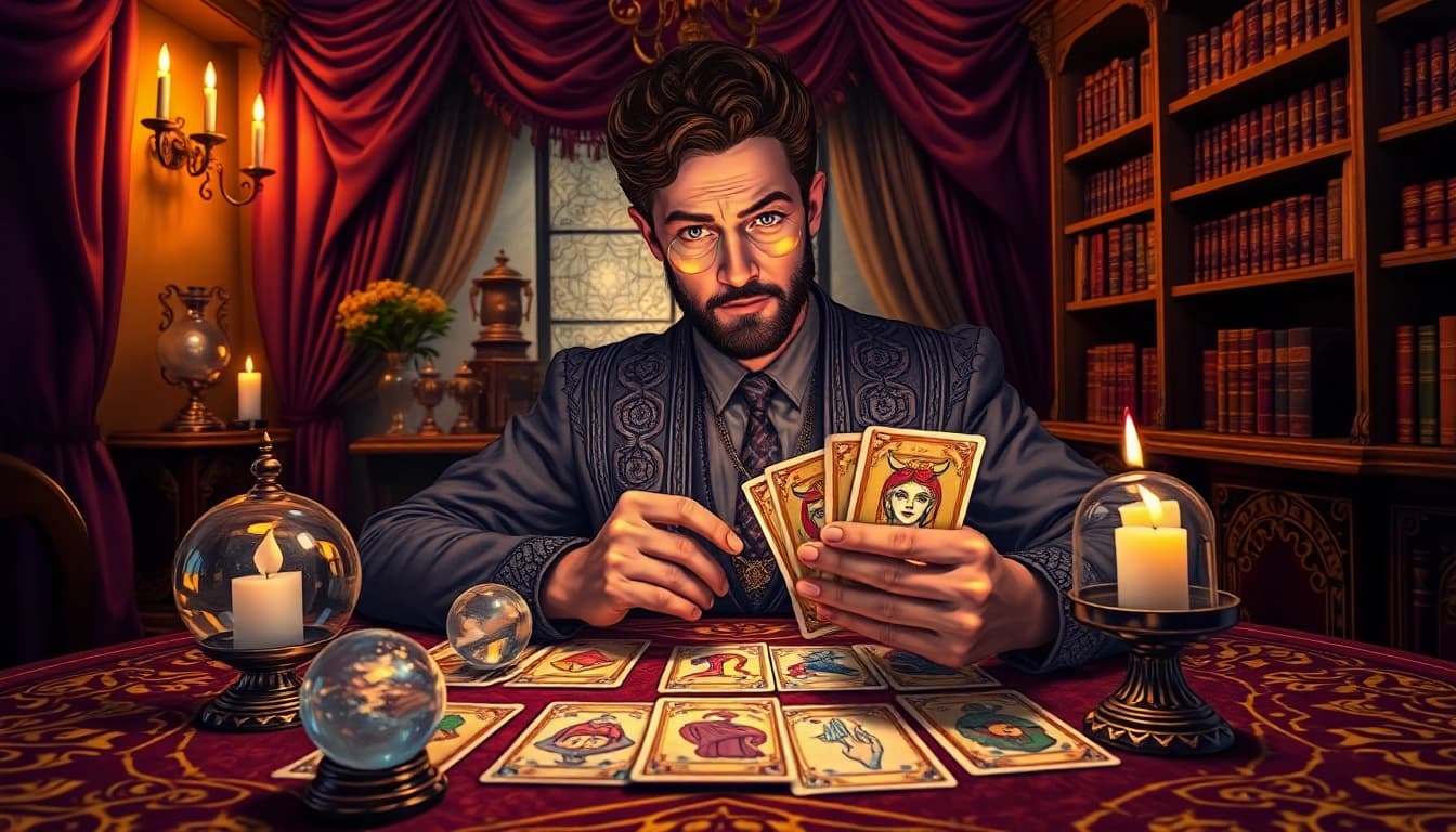 Erfahrene Leserin erklärt lenormand orakel online an einem mystischen Tisch.