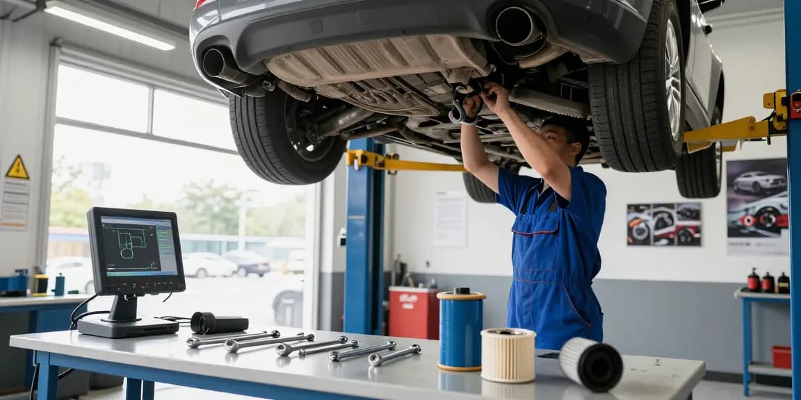 Mechaniker bei der DPF Reinigung in modernem Garagenumfeld, professionelle Werkzeuge und Diagnosegeräte sichtbar.