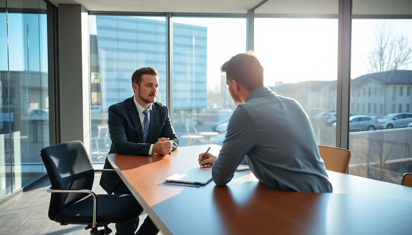 Headhunter Düsseldorf führt ein Gespräch mit einem Bewerber in einem modernen Büro.