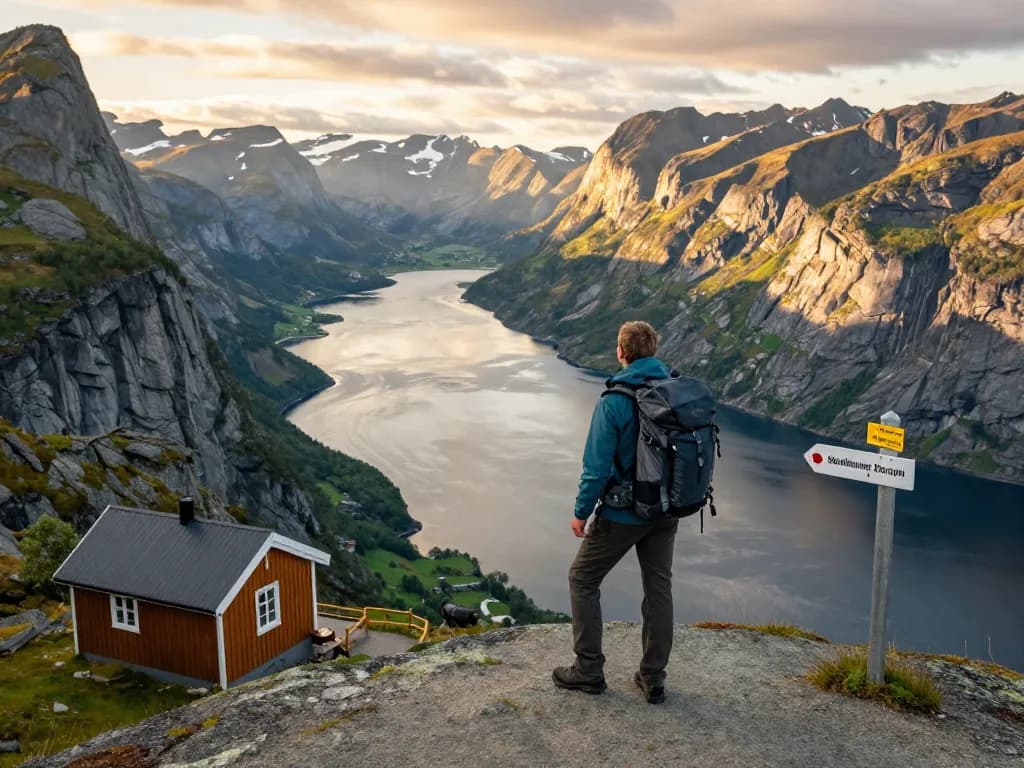 Malerscher Blick auf einen Reisenden an den norwegischen Fjorden, der wichtige Skandinavien Reisetipps verkörpert