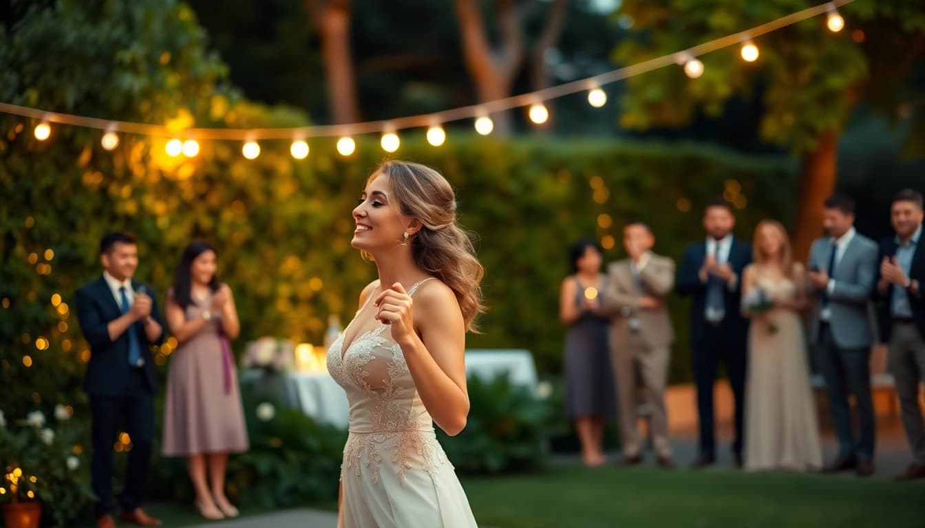 Hochzeitsfotograf München fängt das erste Tanzpaar im Freien mit romantischer Atmosphäre ein.