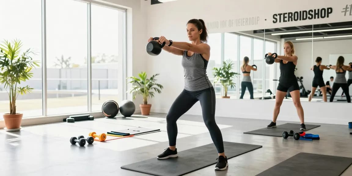 Sportliche Frau, die in einem Fitnessstudio trainiert, während sie nach Produkten von Steroidshop sucht.