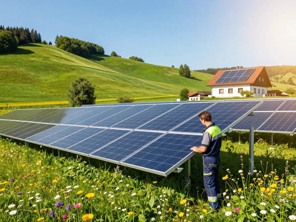 Photovoltaik Bayern Solarpark in Bayern mit Techniker, der Solarpanels inspiziert und das Potenzial erneuerbarer Energien zeigt.