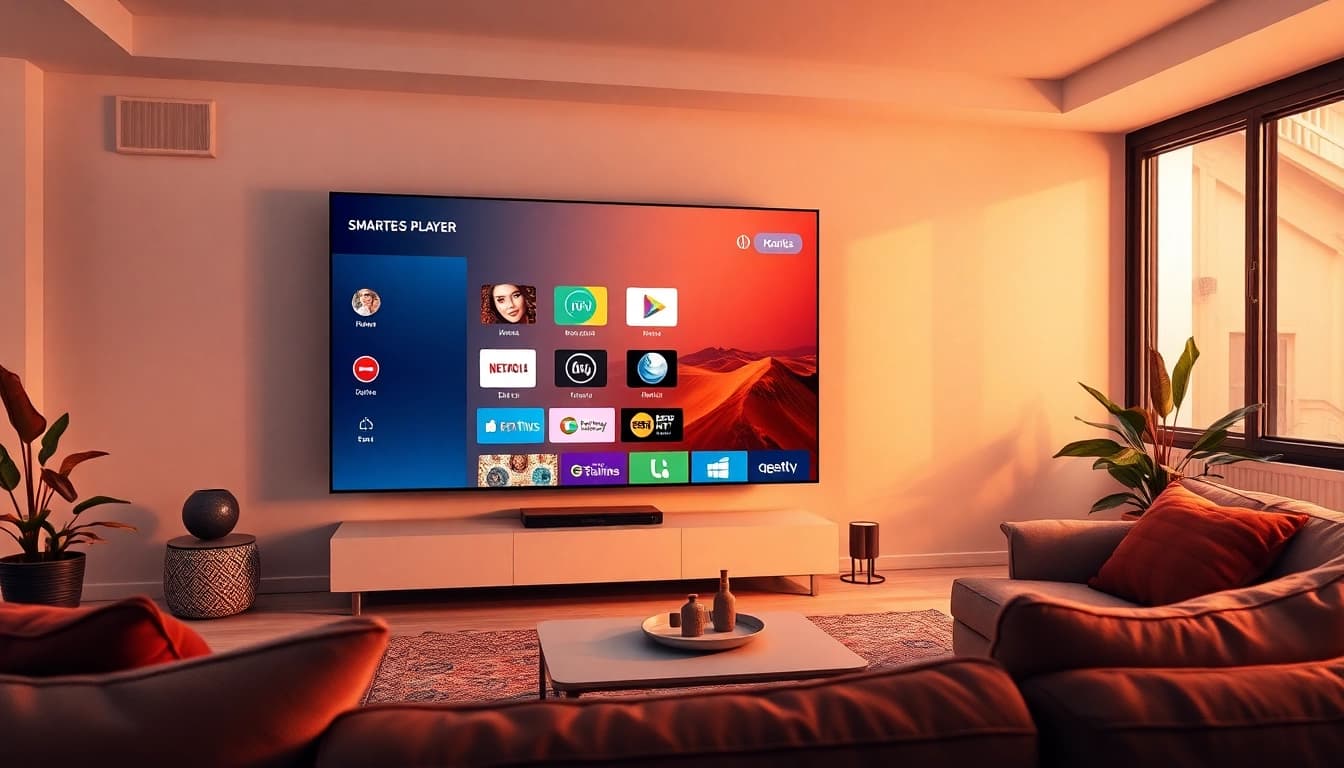 Erleben Sie das Streaming-Erlebnis von iptv-smarters-player.net in einem modernen Wohnzimmer mit gemütlicher Einrichtung.