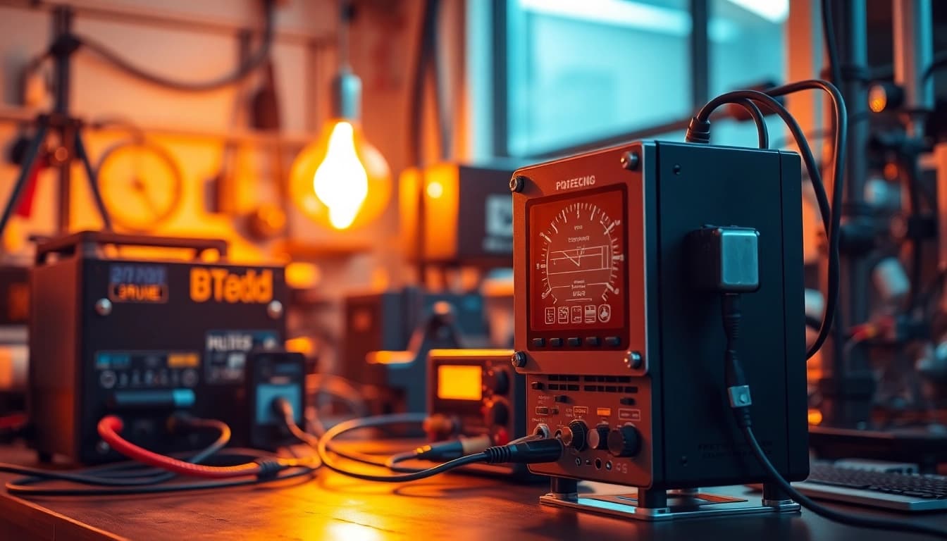 Fachmann führt DGUV V3 Prüfung an elektrischen Geräten durch, Sicherheitsmaßnahmen sichtbar.