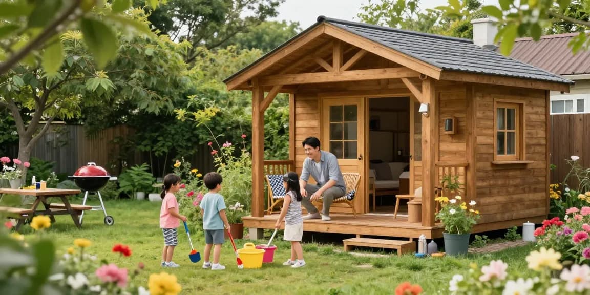 Familie beim Gartenhauskäufen und Genießen in einer blühenden Gartenlandschaft.