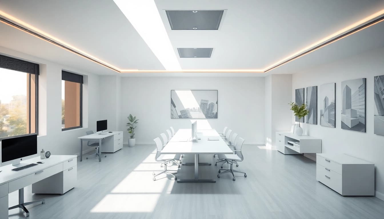 3d visualisierung von modernen Bürodesigns mit klaren Linien und lebhaften Farben, die Kreativität anregen.