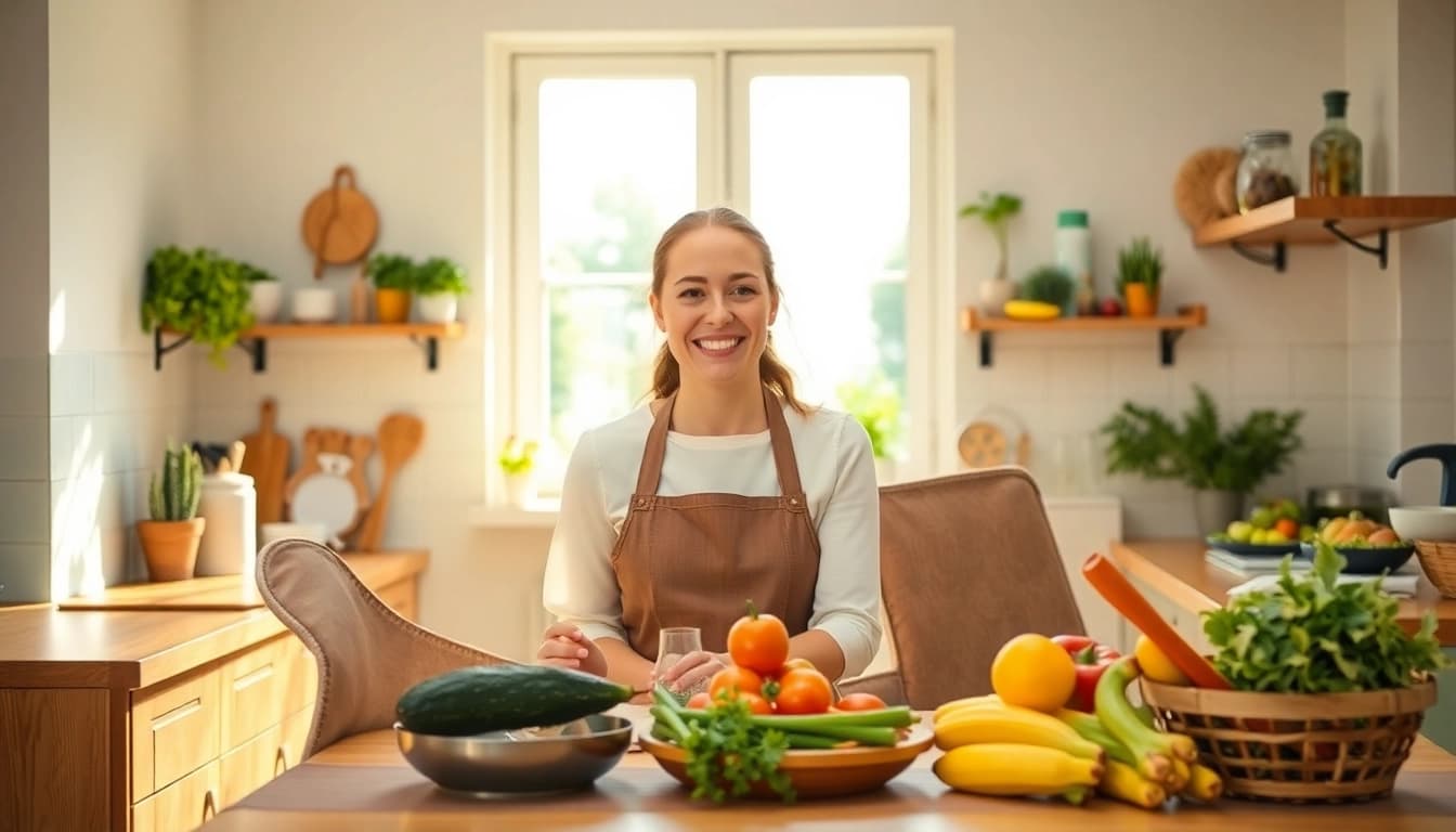 Hauswirtschaftskraft in Hameln trägt frisches Obst in einer einladenden Küche und strahlt Freundlichkeit aus.