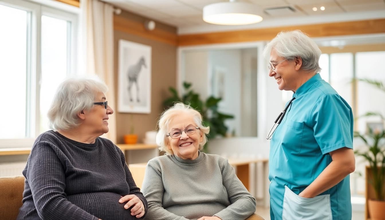 Pflegedienst Werbung durch persönliche Interaktionen zwischen Pflegepersonal und älteren Klienten in einer modernen Pflegeeinrichtung.