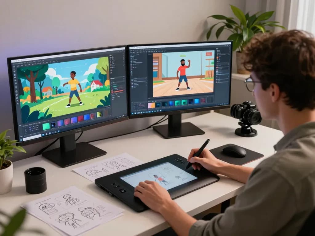Dynamic workspace showcasing motion control AI with vibrant animation sequences and creator engaged in digital art.