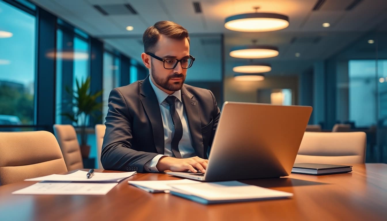 Headhunter IT arbeitet konzentriert in einem modernen Büro mit Laptop und Notizen.
