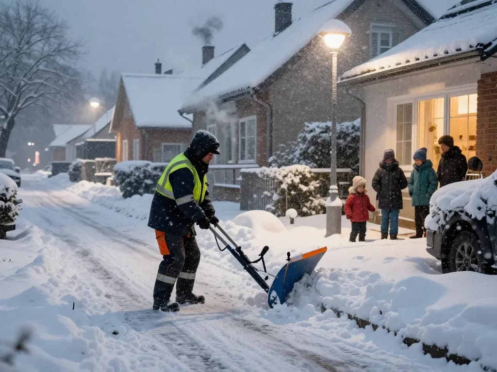 Zuverlässiger Winterdienst in Münster mit einem Techniker, der während eines Schneesturms Schnee von einer Wohnzufahrt räumt.