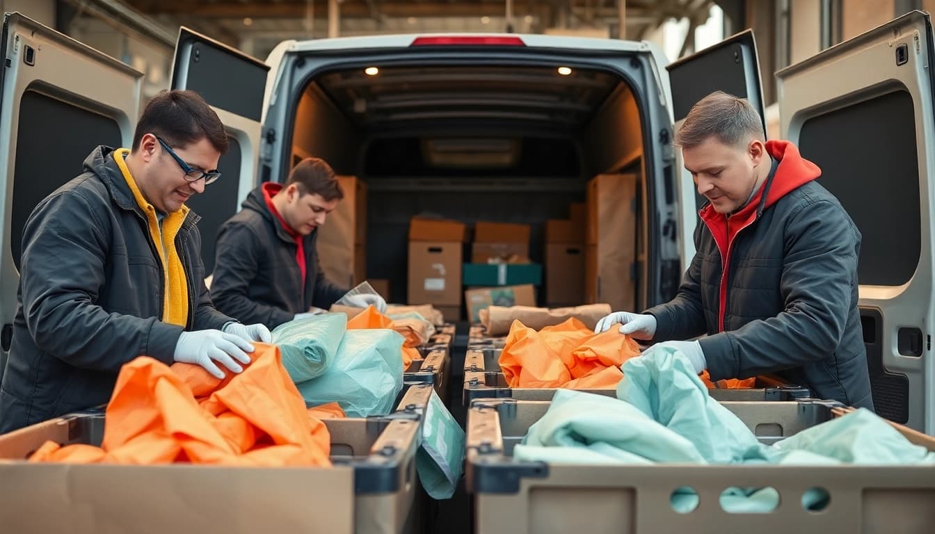 Verpackungsservice Potsdam: Fachleute packen sorgfältig Umzugsgut in Kisten.