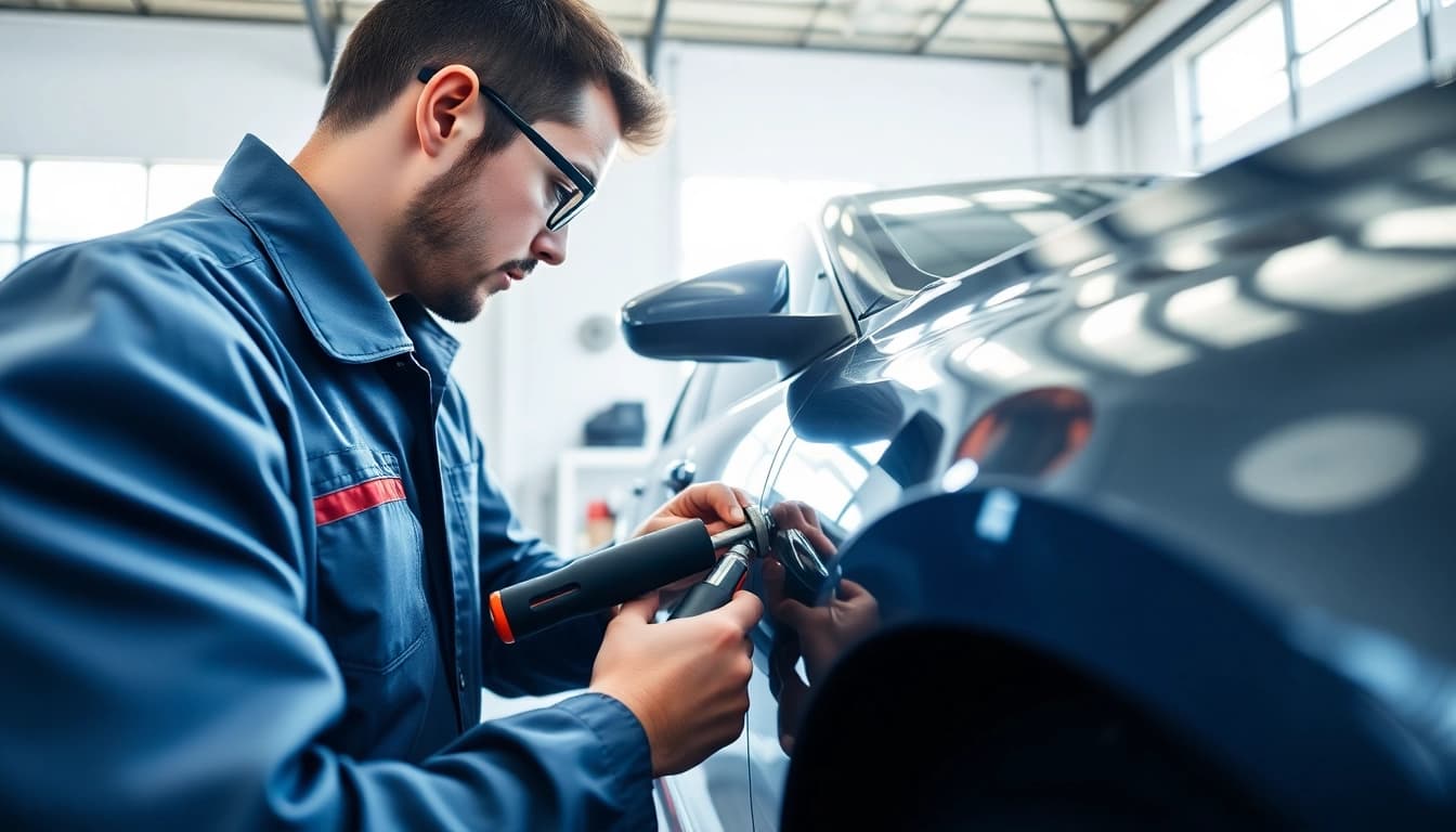 Smart Repair München Preis zeigt professionelle Reparaturtechniken an einem Fahrzeug in einer modernen Werkstatt.