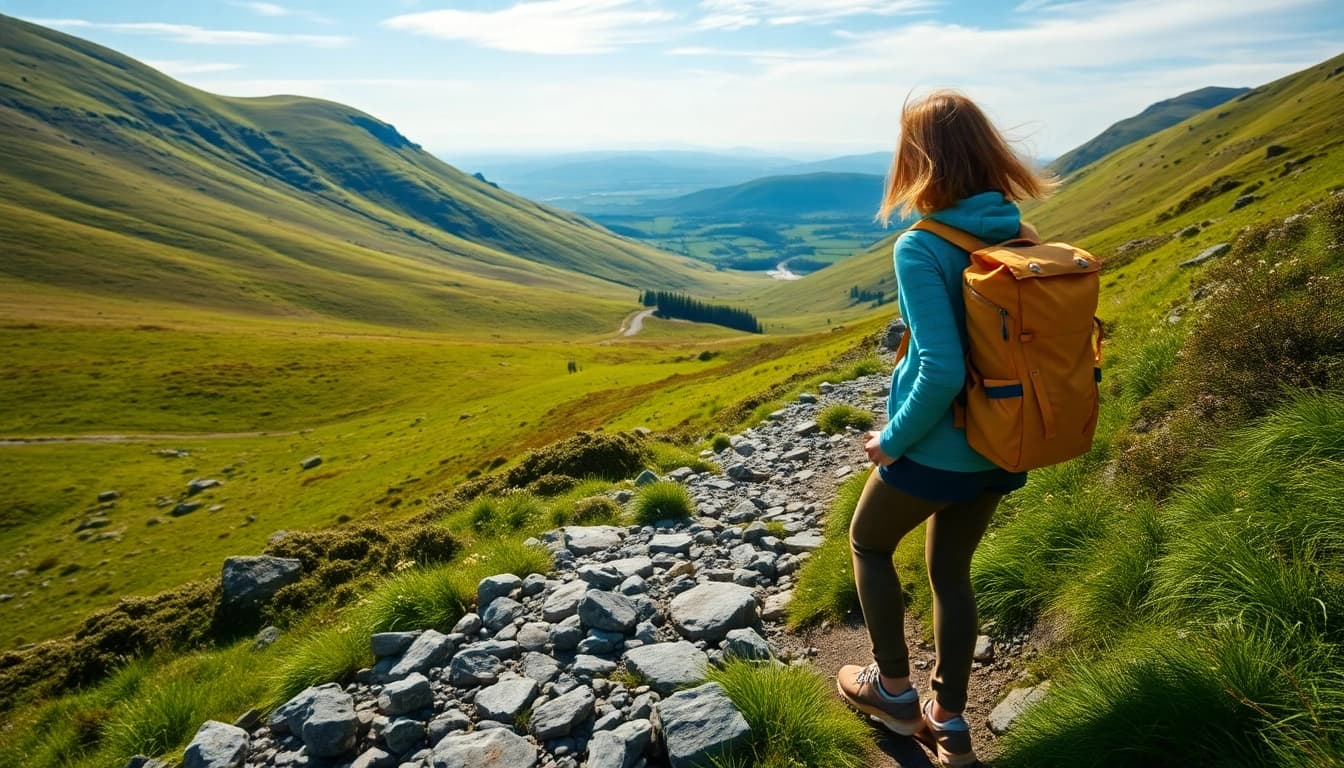 Wandern Irland Urlaub mit einem Wanderer auf einem Pfad in der grünen Irischen Landschaft.