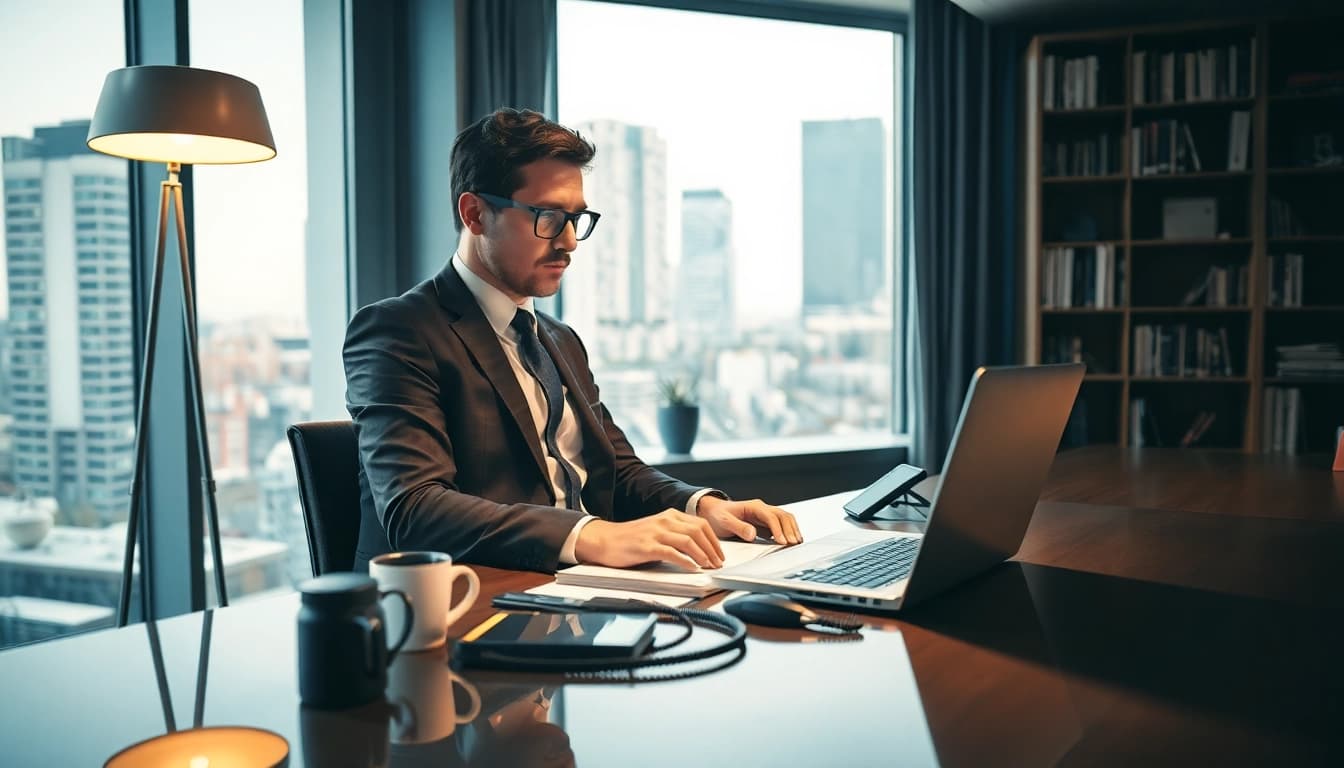 Headhunter Geschäftsführer arbeitet konzentriert in modernem Büro.