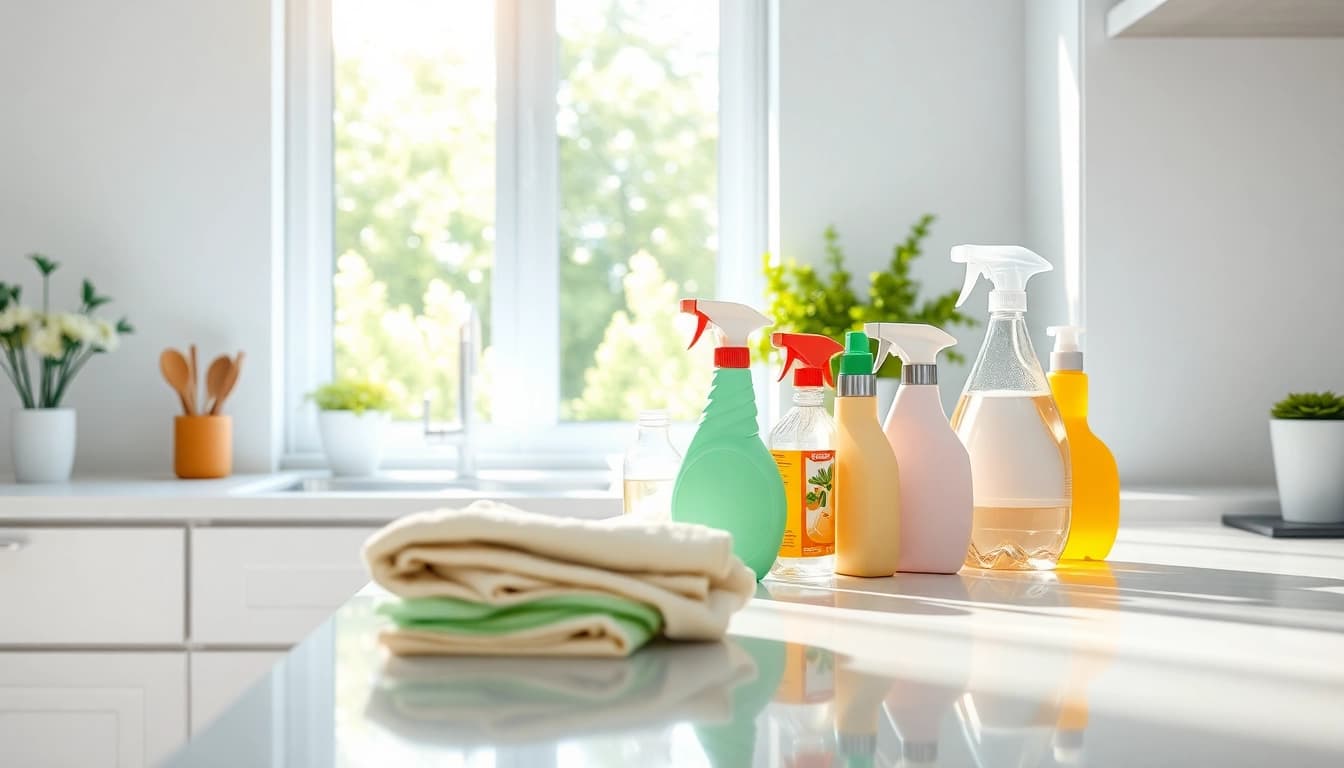Hauswirtschaftliche Tätigkeit, die organisierte Reinigung in einer modernen Küche darstellt.