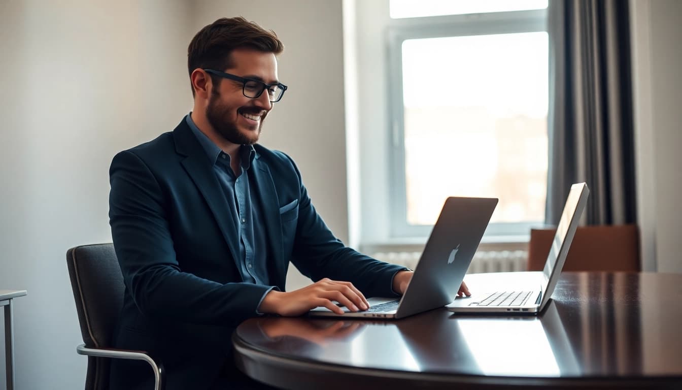 Headhunter IT im modernen Büro, professionell und einladend, auf Laptop fokussiert.