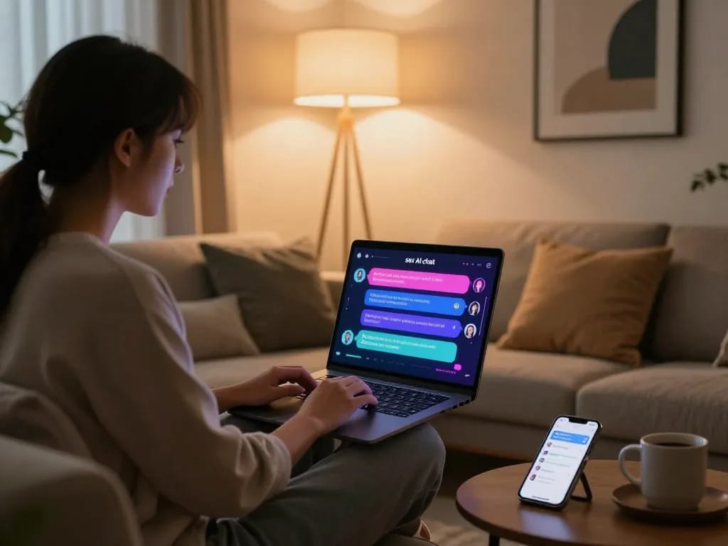 Interactive scene of a person chatting with AI on a laptop focusing on sex AI chat in a cozy setting.