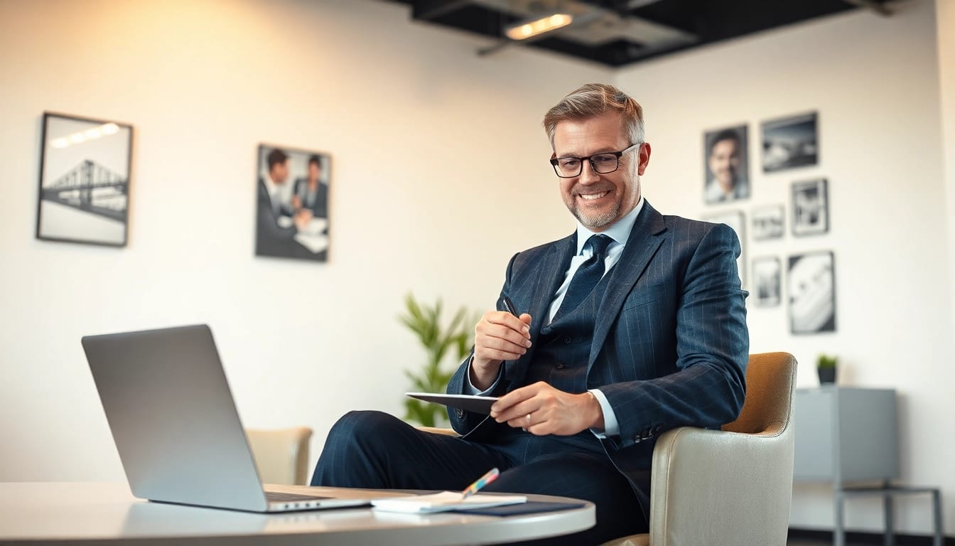Headhunter Rostock berät Klienten in modernem Büro mit Laptop und Notizen.