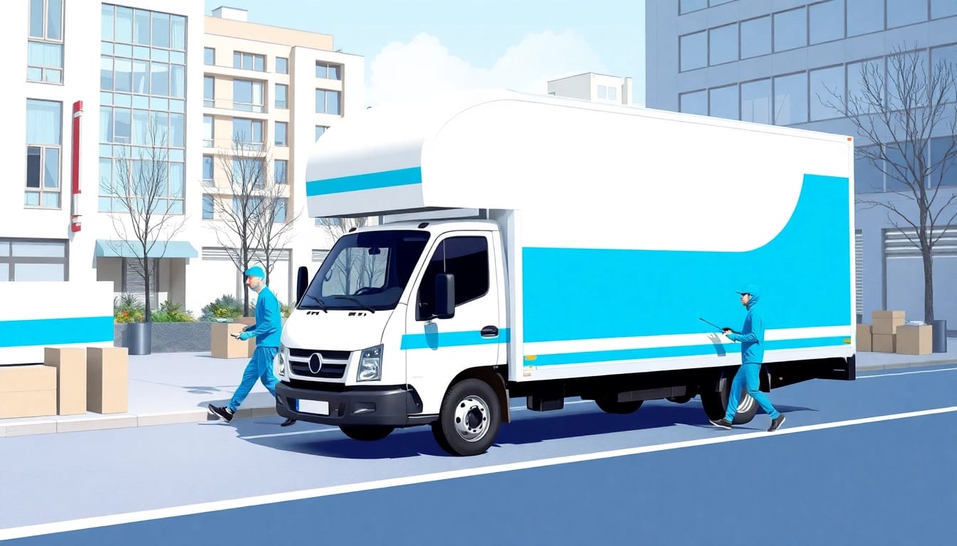 Schneller Umzug Berlin: Professionelle Umzugshelfer beladen einen Transportwagen mit Möbeln in einem urbanen Umfeld für einen effizienten Umzug.