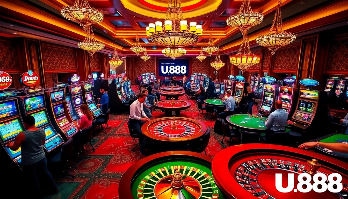 Players enjoying an exhilarating experience at U 888 casino tables with vibrant games and luxury decor.