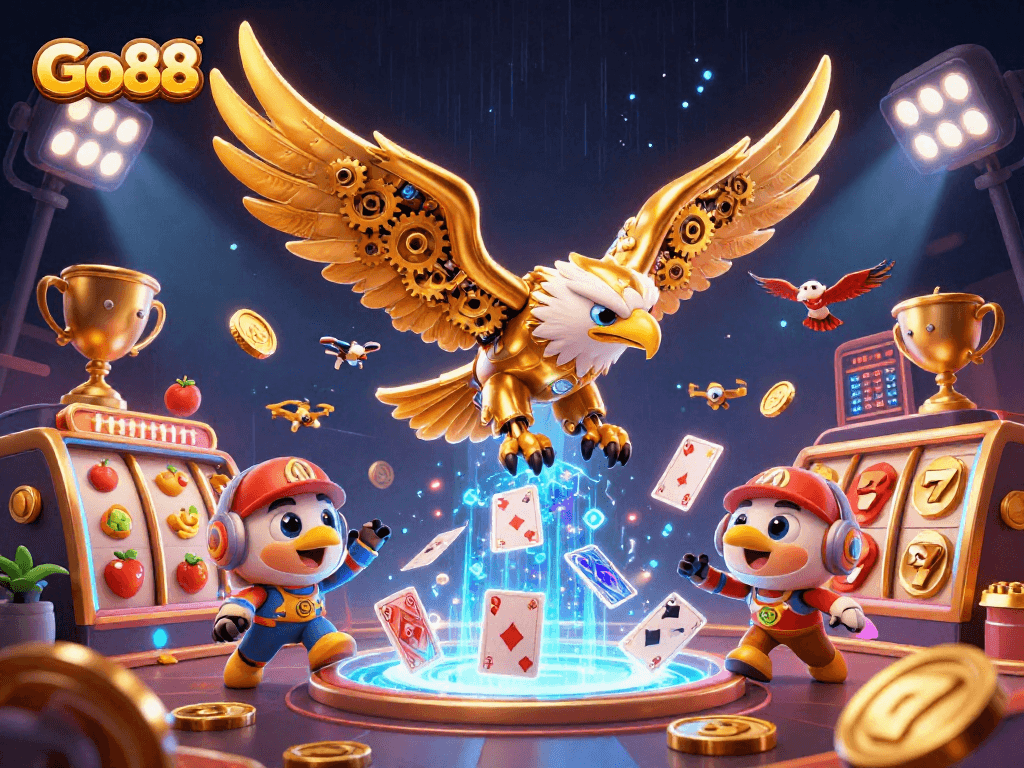 Go88 offers an exhilarating experience with a golden eagle navigating through cascading playing cards in a vibrant casino scene.