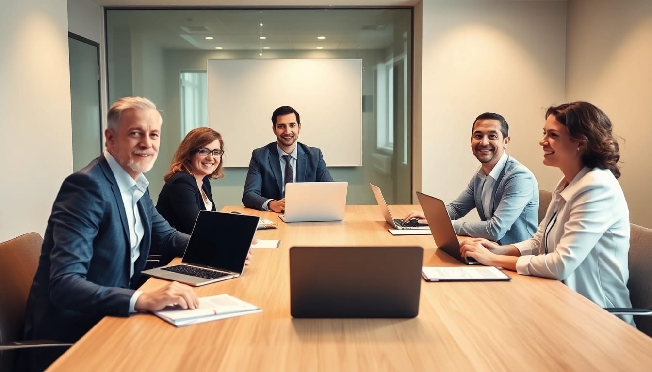 Unternehmensberatungsteam bei einer strategischen Sitzung, mit Fokus auf Zusammenarbeit und Innovation.