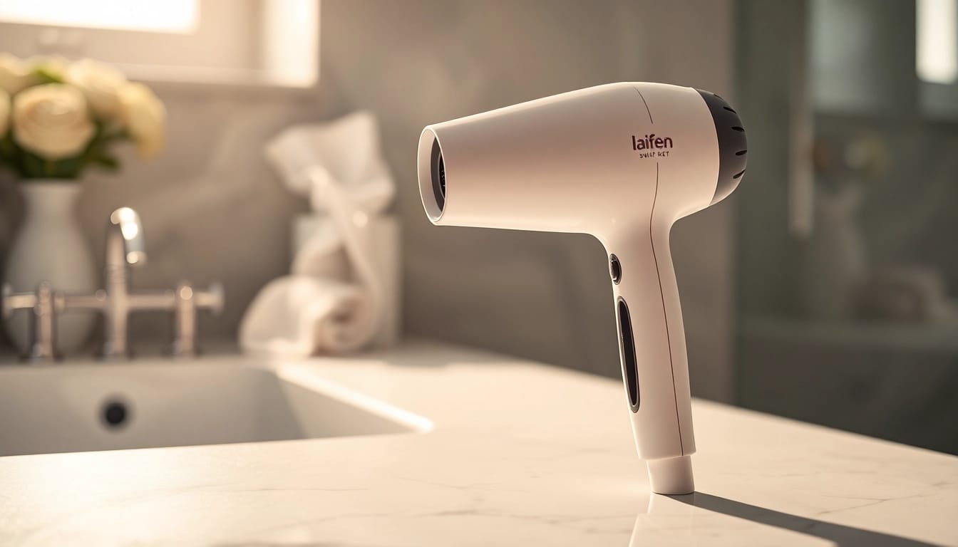 Der laifen swift Haartrockner auf einem modernen Badetisch, ideal für stilvolles Styling.