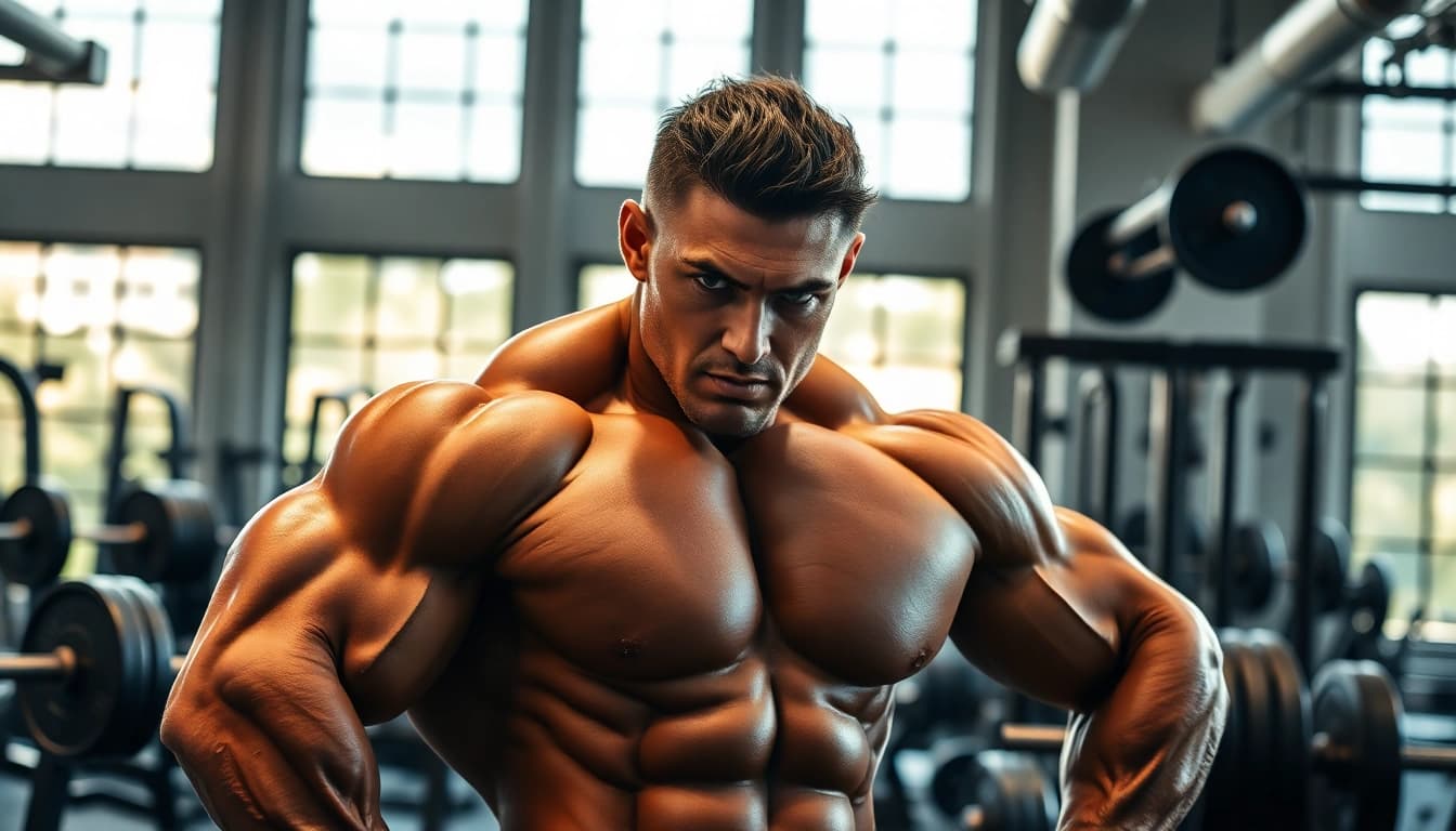Drostabal-E Masteron Enanthate zeigt einen Bodybuilder in voller Konzentration im Fitnessstudio.