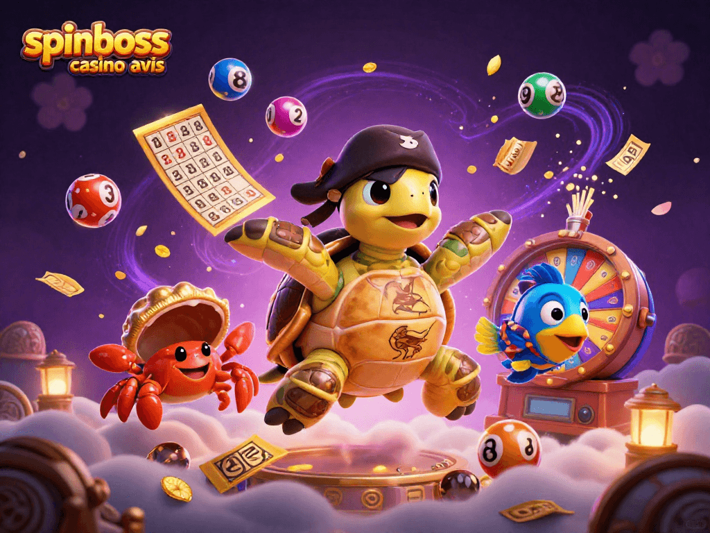 Découvrez spinboss casino avis avec une scène dynamique de casino et des personnages colorés