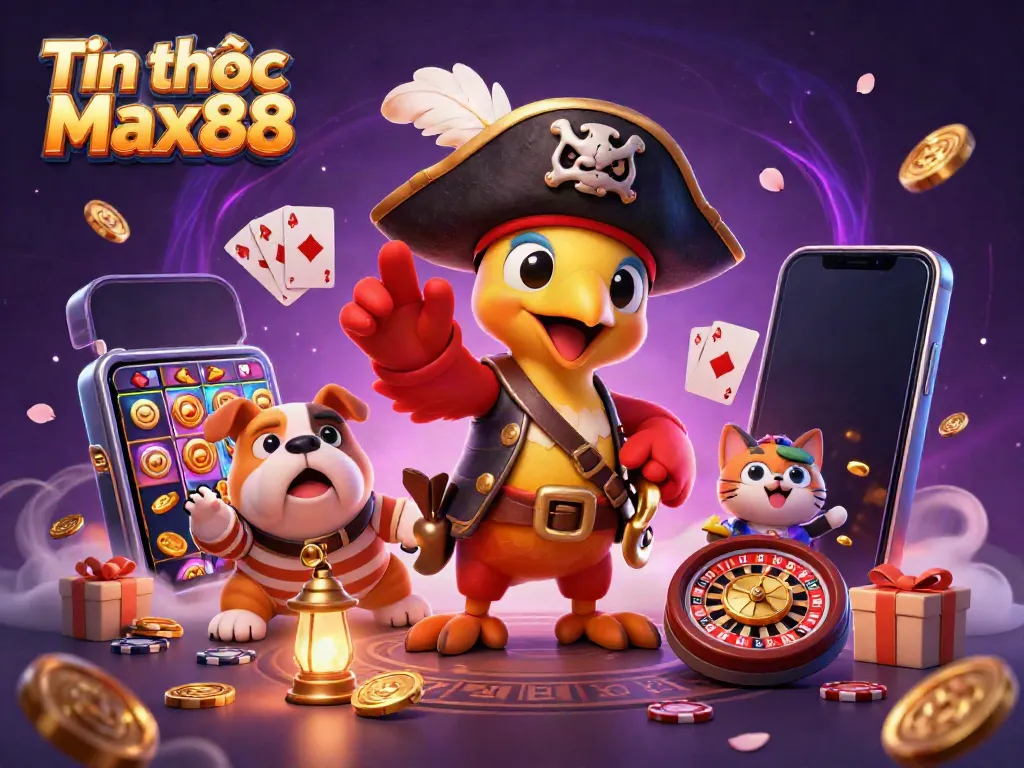 Tin tức Max88 showcases thrilling gameplay with cartoon characters in a vibrant casino setting.