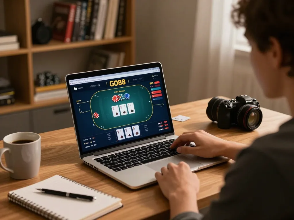 Players engaging in online poker gameplay with GO88 interface displayed on laptop in a cozy home setting