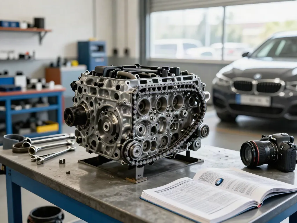 Mechaniker beim BMW Steuerkette wechseln in einer gut beleuchteten Werkstatt.