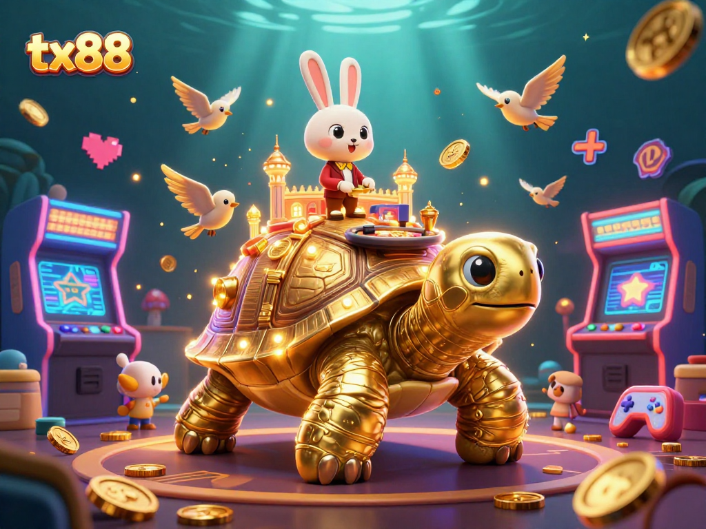 Join the action at tx88's casino world featuring a golden tortoise and lively card game.
