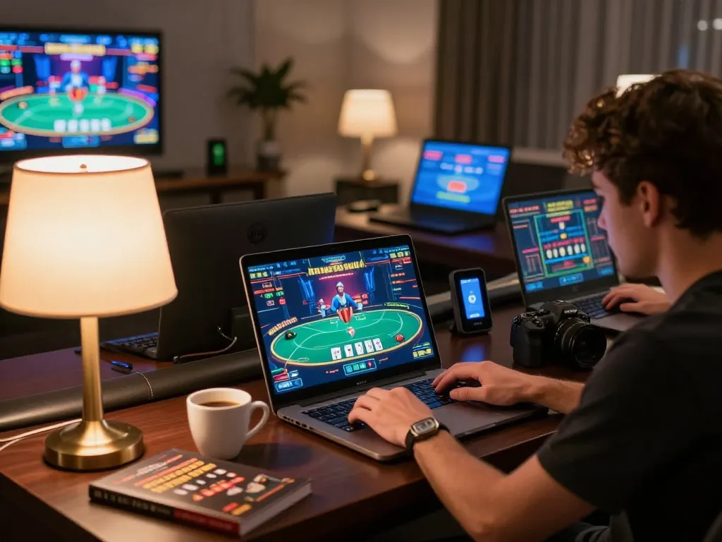 Enjoying poker gameplay on https://f168.tech/ with a vibrant interface and cozy home setting