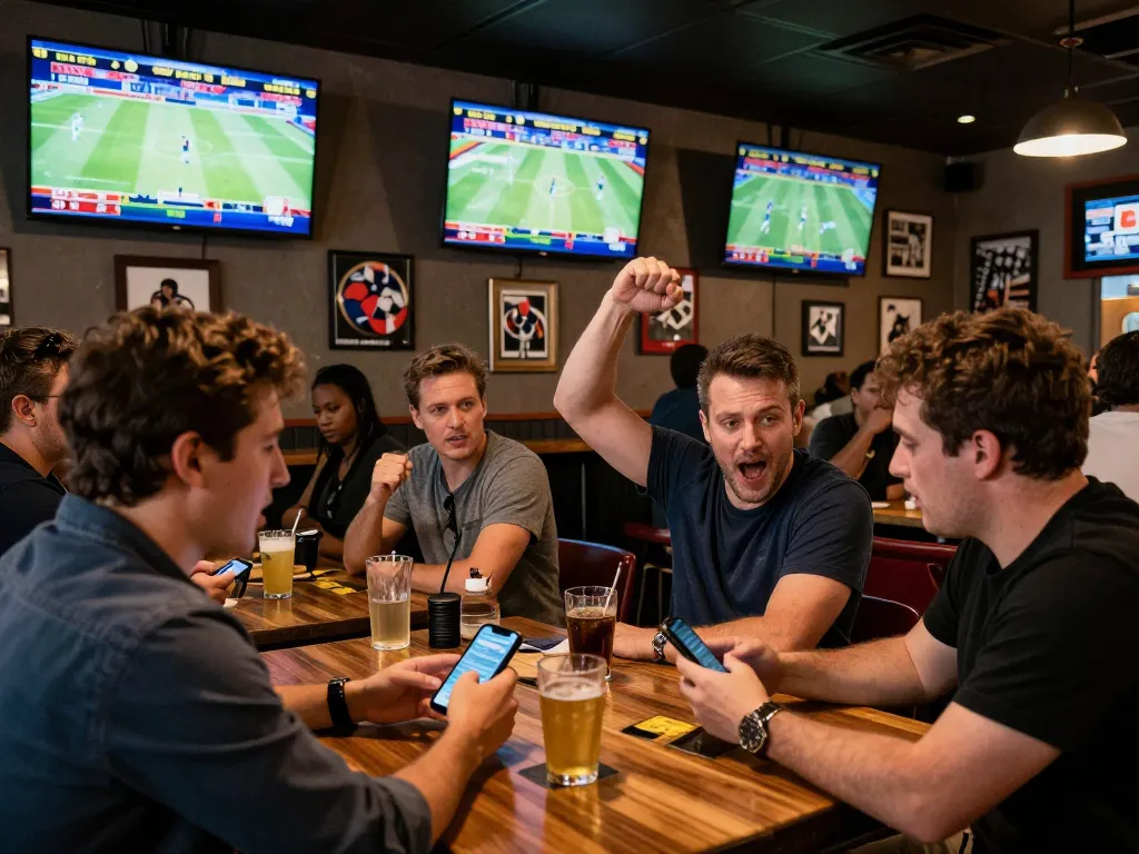 Engaged sports bettors using the mb66-t app in a lively bar setting.