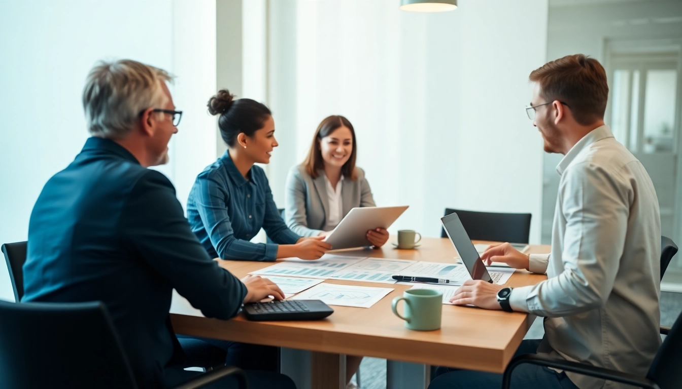 Explore the net salary in Germany with professionals calculating income in a modern office.
