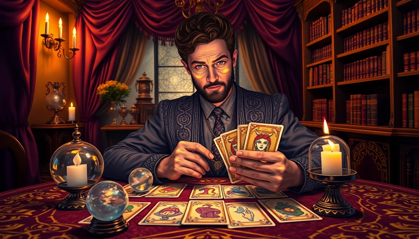 Erfahrene Leserin erklärt lenormand orakel online an einem mystischen Tisch.