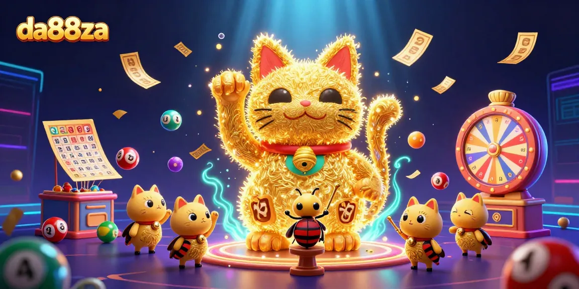 Experience excitement with da88za, as golden fireflies form a lucky cat amidst vibrant casino symbols.