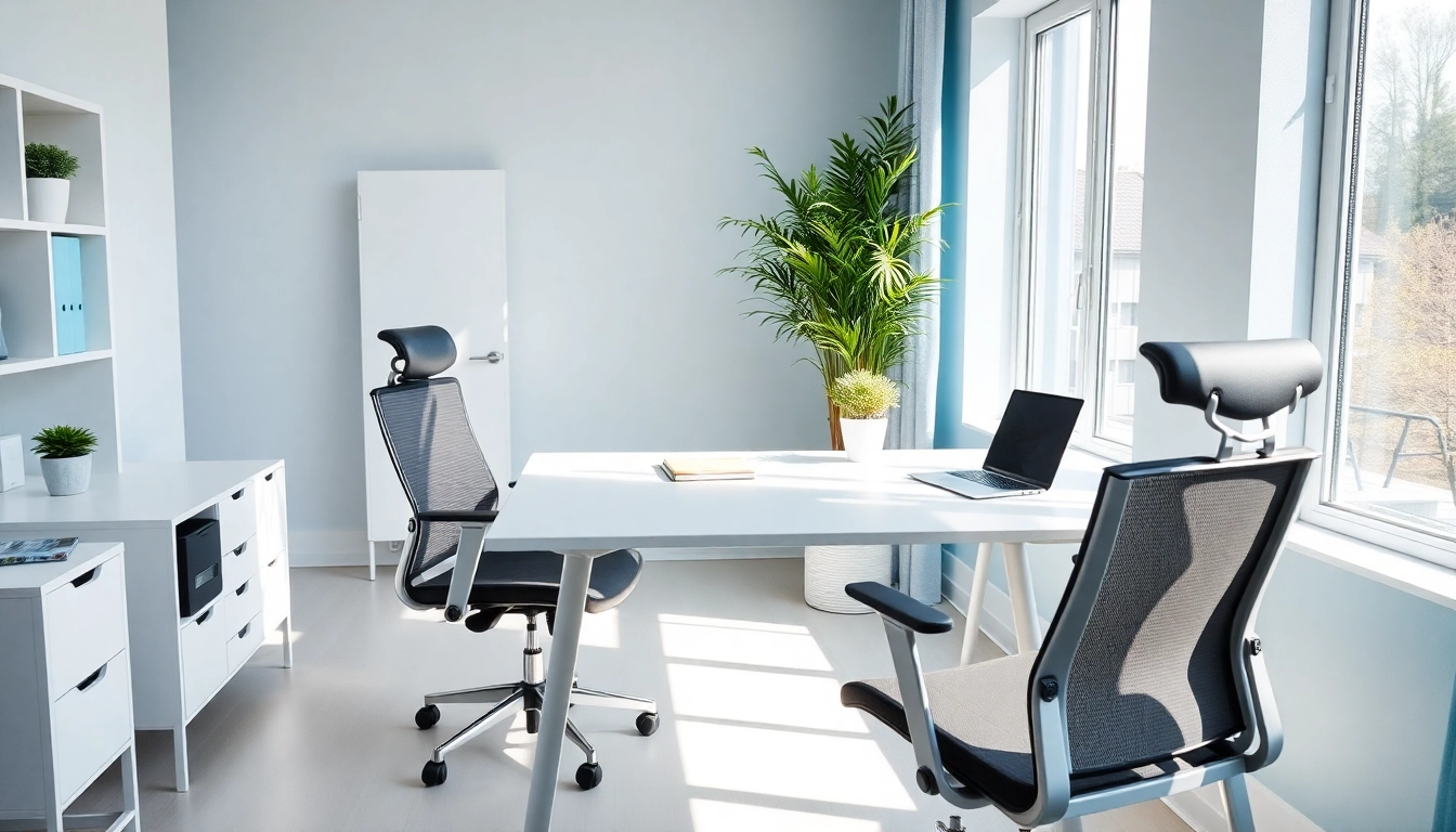 Modern Büromöbel arrangement featuring a stylish desk and ergonomic chair in a well-lit office space.