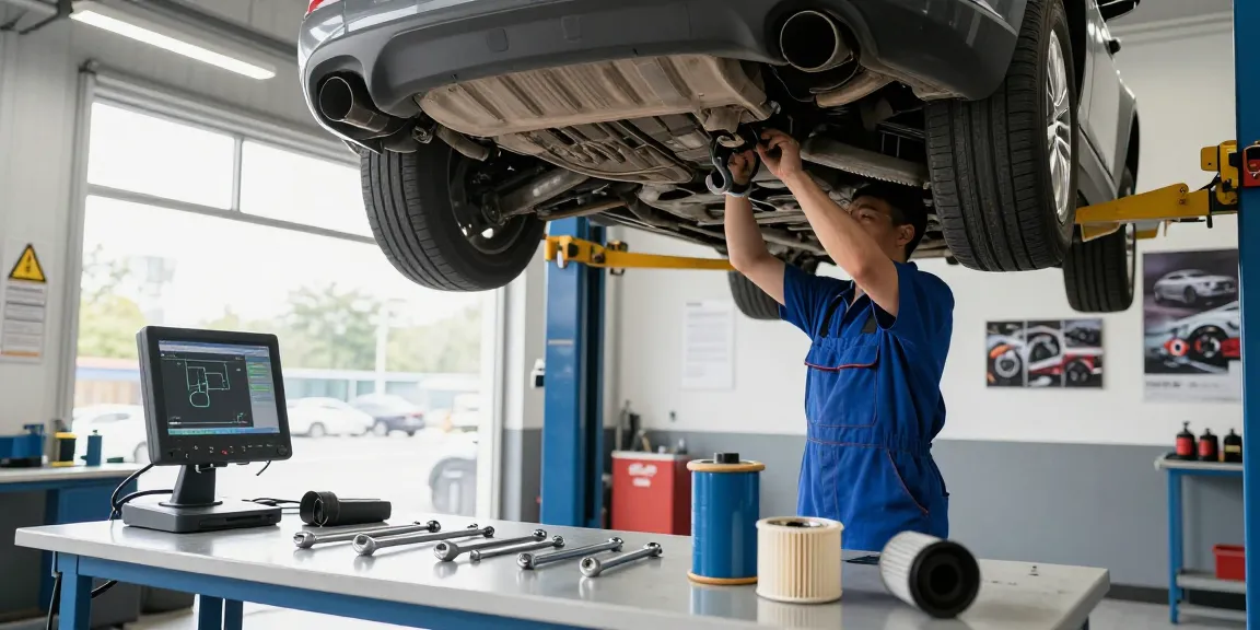 Mechaniker bei der DPF Reinigung in modernem Garagenumfeld, professionelle Werkzeuge und Diagnosegeräte sichtbar.