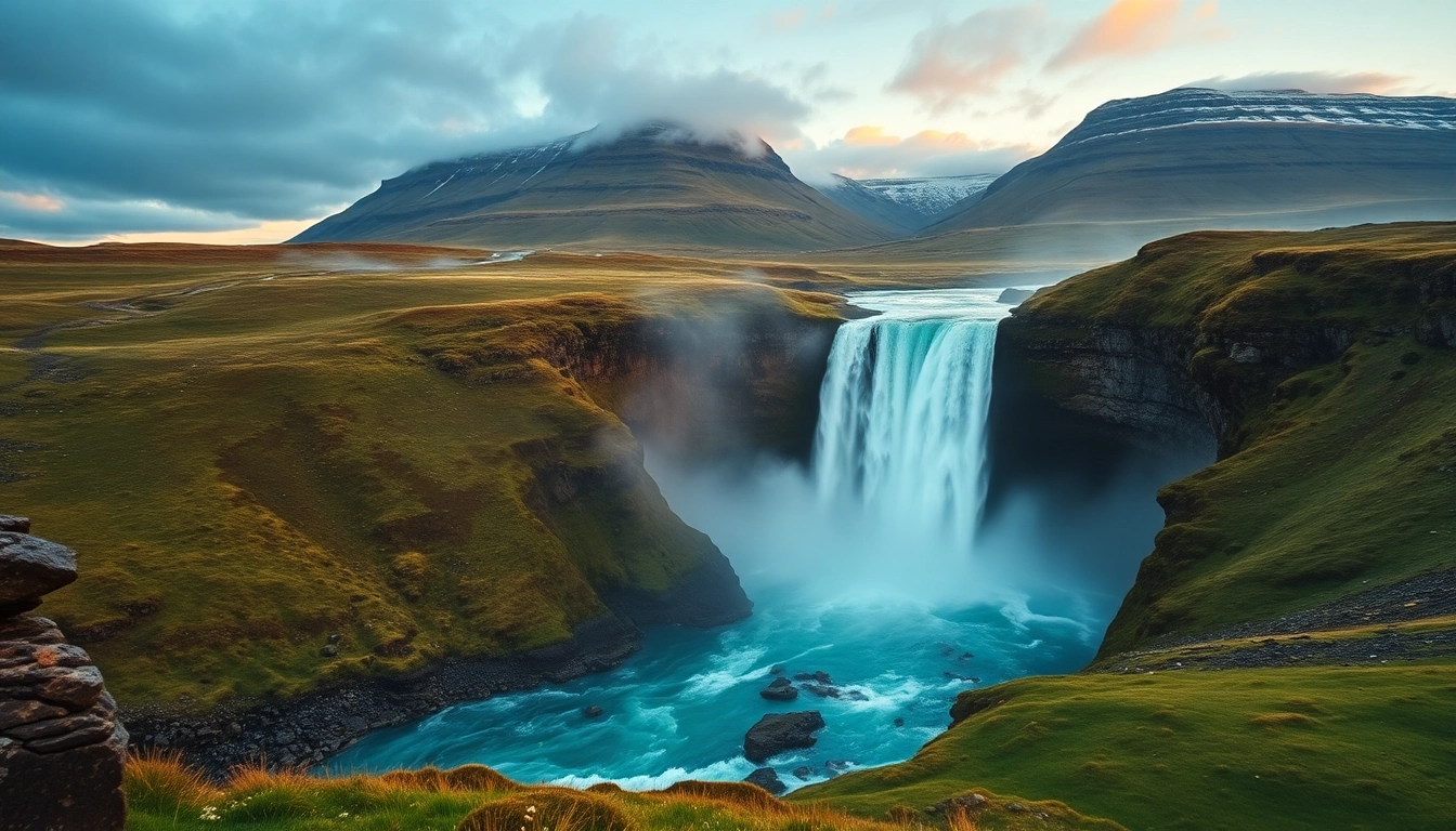 Erleben Sie eine beeindruckende Reise nach Island mit dem Wasserfall Gullfoss im Vordergrund und vulkanischen Bergen im Hintergrund.