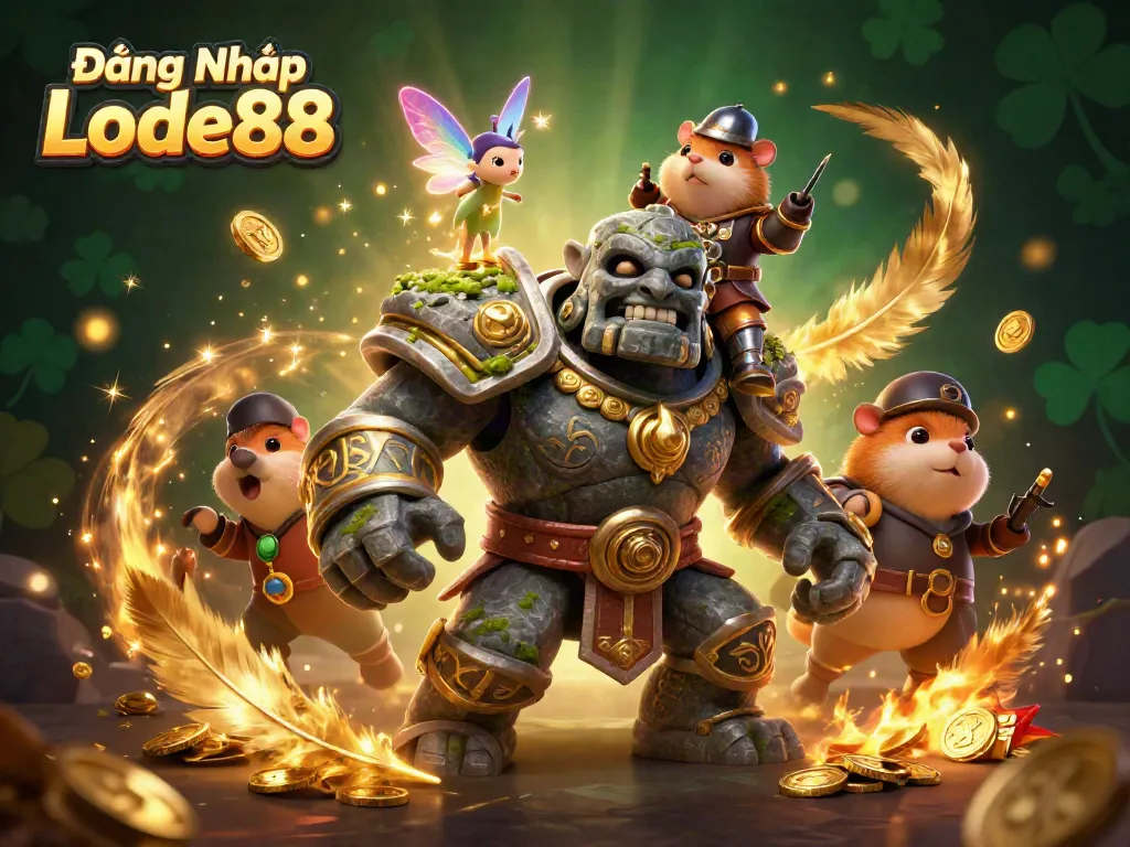 Experience the thrill of Đăng Nhập Lode88 with this vibrant 3D fantasy scene featuring a magical golem, fairy, and hamster knight.