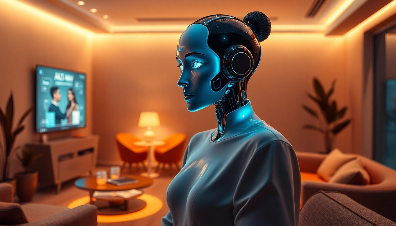 AI sex bot engaging in a digital interaction in a cozy, modern lounge setting.
