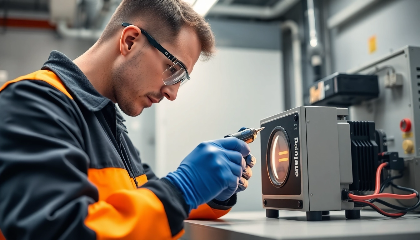 Technician conducting a DGUV V3 Prüfung on electrical equipment, ensuring workplace safety and compliance.