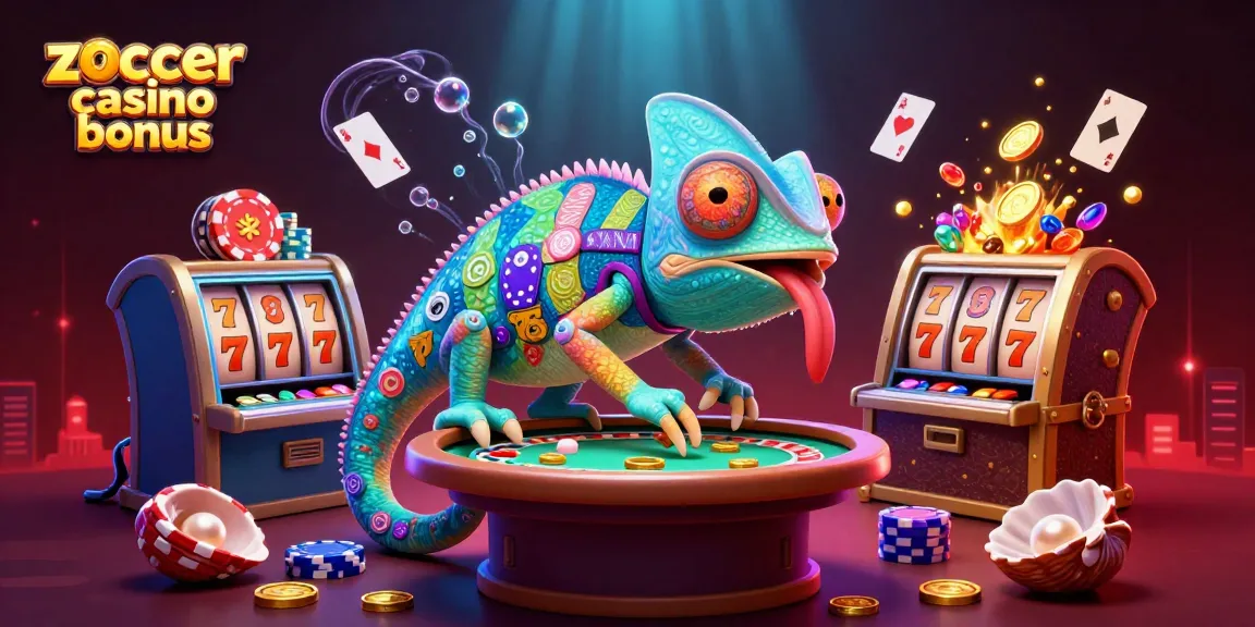 Win big with the Zoccer Casino Bonus, featuring dynamic cartoon characters and vibrant casino elements.