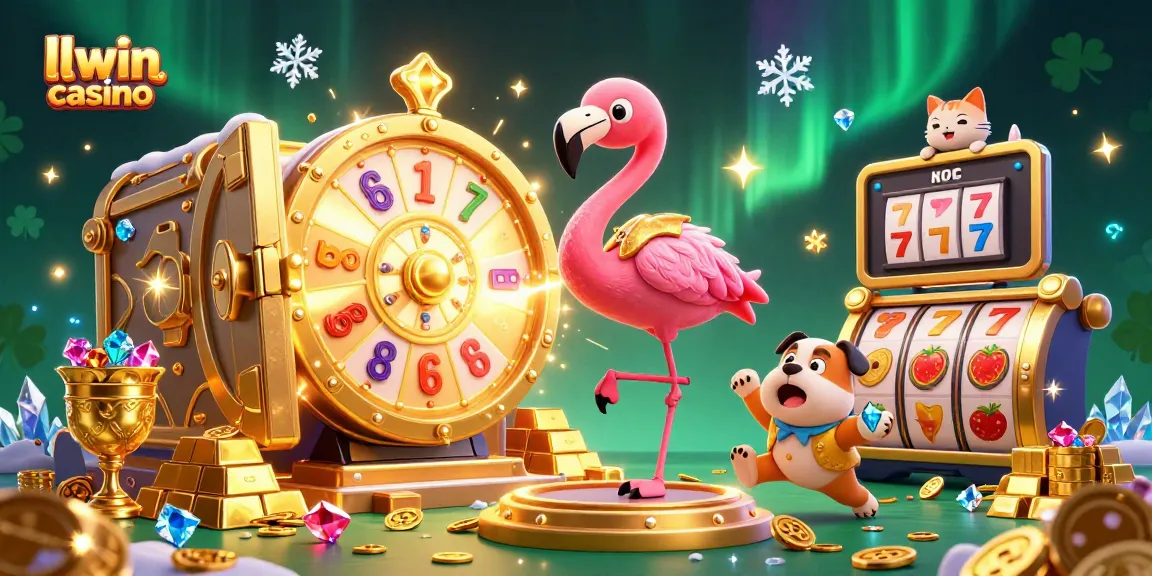 Win big with llwin casino and spin the prize wheel in this vibrant casino illustration.