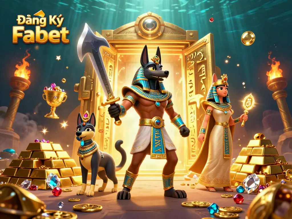 Engage in Đăng Ký Fabet with Anubis and Bastet surrounded by gold and treasures in this casino-themed artwork