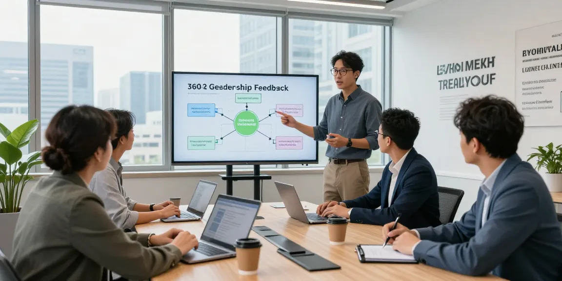 Szene mit toxischer Führung und Teamwork in modernem Büro, Führungskraft präsentiert 360-Grad-Feedback-Workflow.